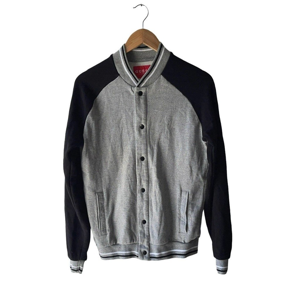 GUESS Men s Size S Gray and Black Snap Front Letterman Style Sweater Sweatshirt